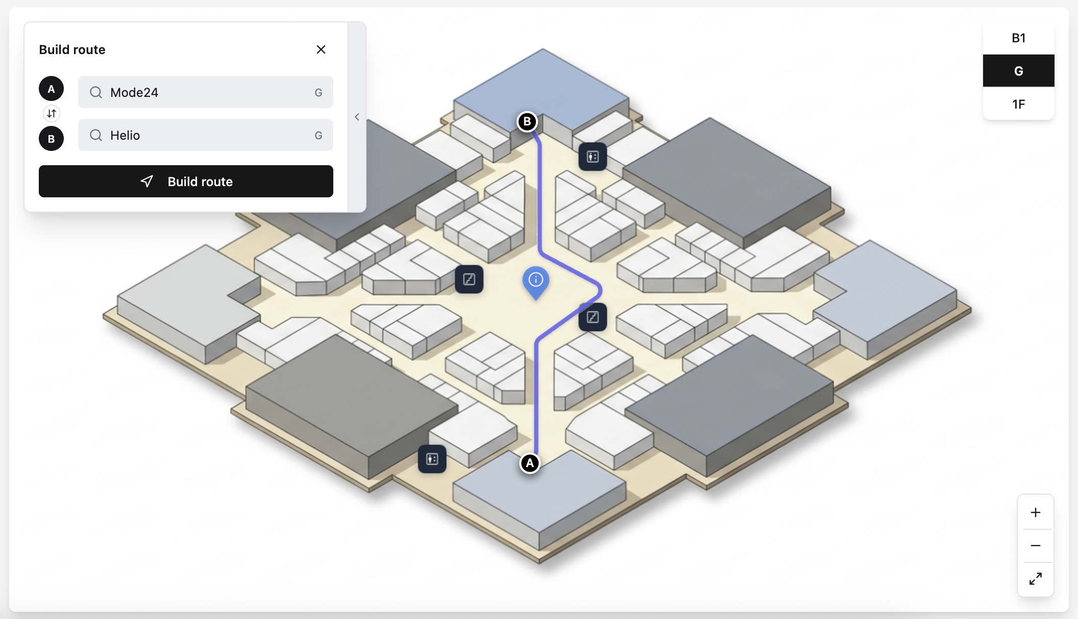 Wayfinding panel with point A and point B fields, blue route line drawn across the mall map