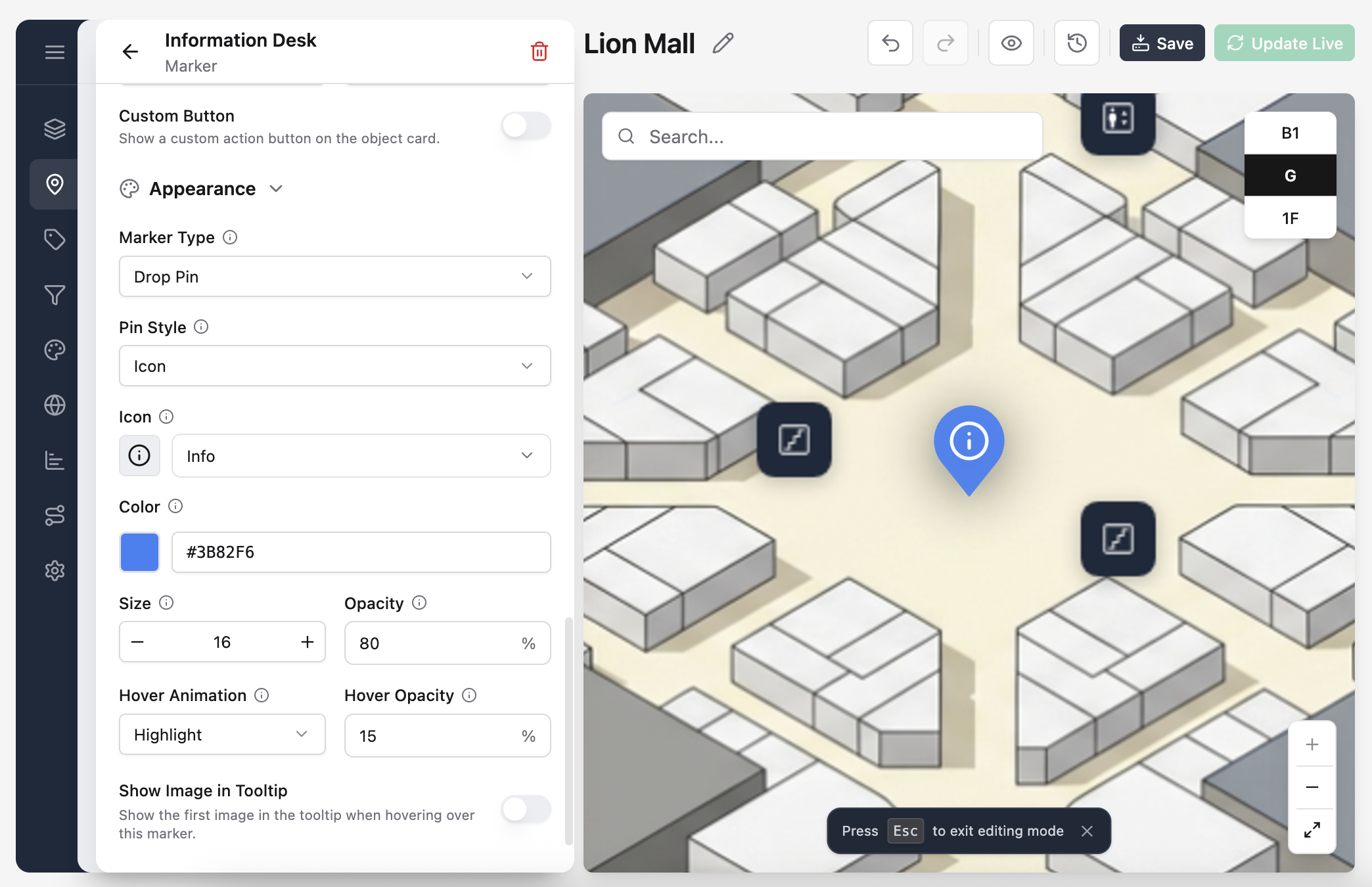 Marker editor showing Drop Pin type, color, hover animation, and the marker placed on the mall map